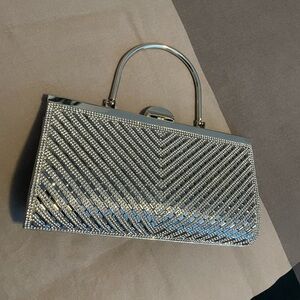 Silver Chevron Pattern Clutch with Metal Handle and Removable Chain